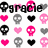 Pixel art of skull and heart icons with 'grace' text, featuring pink, black, gray color scheme on white background