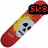 Pixelated icon of a red and yellow object with a skull face, featuring 'SK8' text on a black banner.