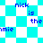 Pixelated text 'nick is the amie' repeated across a cyan and white checkered background with diamond-shaped patterns.
