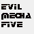 Pixelated image with 'EVIL MEDIA FIVE' text and five cartoon-style character heads in a