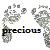 Pixelated static buddy icon featuring the word "precious" in bold black text with abstract gray shapes surrounding it on a white background.
