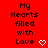 Red background with repeated text "My Hearts filled with Love" and white pixelated hearts, arranged in a pattern with some hearts changing from solid to outlined