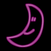 Two pink crescent moon shapes with small rectangular details, one with a faint glow and the other with a bright neon glow against a black background.
