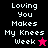 A pixelated graphic with text "Loving You Makes My Knees Week" and a star symbol, displayed in four color variations.