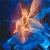 Pixelated static image of a humanoid figure with light skin tones against a blue and purple gradient background, appearing to float or be in motion with arms raised.