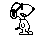 Pixelated black-and-white cartoon dog with large ears and a round body, standing on a gray background in two sequential poses.