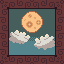 Pixel art of a large moon with craters above two clouds over water, framed by a decorative border.