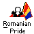Pixelated icon shows a figure in black suit with red accents holding a Romanian flag, below text reading 'Romanian Pride' on gray background.