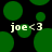 Green circular shapes float on black background with 'joe<3' text in light gray pixelated font.