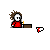 Pixel art character in red shirt and brown pants at desk with red-and-white cup, showing speech bubble with 'F' and cup movement across frames.