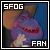 Pixelated square image with 'SF0G' text top-left, 'FAN' text bottom-right, and central purple figure against blue background.