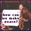 Two people hold white signs with pixelated text; left person holds 'how can we make peace?', right person holds '$/20 no kerfuffle day' against blurred backgrounds.
