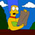 Yellow cartoon character with wide eyes and open mouth holding a brown object against blue sky with white clouds and green trees.