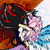 Pixelated image of two figures in close embrace, one with dark hair and red accents, the other with light pink hair and white clothing, against a gradient background.