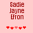 Red pixelated text 'Sadie Jayne Efron' on light pink background with five red heart symbols below, two variations of heart animation visible.