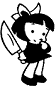 Black-and-white pixelated cartoon character with short dark hair, a bow, and a dress, standing with one hand near her face and a large wing-like shape on her back.