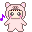 Pixelated character in pink animal onesie with ears and brown trim, standing against gray background, holding purple musical note on left side.