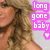 Pixelated image of a person with brown hair and light skin, next to pink text reading 'long gone baby' on the right side.