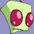 Pixelated static icon of a cartoon character with light green head, large red eyes with pink highlights, and no visible mouth or other features against solid purple background.