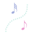 Two sets of musical notes and dotted arcs on white background, with blue and pink note variations.