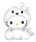 Two static white cartoon figures with black eyes and yellow noses, one with open eyes and the other with closed eyes, both wearing white hooded outfits with black dots and bows.