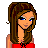 Pixel art contact sheet showing three frames of an animated character with red and black striped crop top, dark pants, white sneakers with red accents, brown hair, blue eyes, belly button piercing, and 'trouble maker' text below.