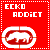 Red background with white dotted border, pixelated text "ECKO ADDICT" above two oval frames containing white pig silhouettes.