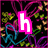 Animated sequence of pink letter icons on a dark floral background with purple and blue accents.