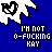 A 4-frame animated contact sheet of a pixel art buddy icon featuring blue vertical stripes, white heart-shaped hands, and repeated text "I'M NOT O-FUCKING KAY" in blocky white font.