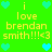 Green background with yellow text reading "i love brendan smith!!!<3" and cyan pixel hearts in a repeating pattern.