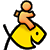 Pixelated icon of a peach-colored figure riding a yellow fish with black outlines on gray background.