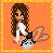 Pixel art of a female character with long brown hair, white top, black shorts, and gray shoes on an orange background.