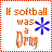 A 4x4 contact sheet of animated frames showing a softball-themed text-based icon with changing phrases and star symbols, each frame bordered by red dotted lines on a gray background.