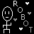 Pixelated white stick figure with oval head and straight-line limbs stands on black background, surrounded by scattered heart shapes and partial letters spelling 'ROBOT' in pixel font.