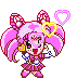 Pixel art character with pink hair in twin buns, wearing a pink and white outfit with heart-shaped accessories.