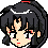 A 4x4 contact sheet of pixel art frames showing a female anime character with black hair in a high ponytail, red hair tie, and white headband across her forehead, displaying various facial expressions including closed eyes, open eyes, blushing cheeks, and one frame with a pink star accessory.