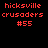 Red pixelated text 'hicksville crusaders #55' appears on a black background with a circular gradient overlay that shifts brightness across four views.