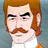 Pixelated close-up of a person with light brown hair, dark eyebrows, and a brown mustache, wearing a white shirt against a blue-gray background.