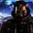 Pixelated static image of a character with dark hair and glowing eyes against a blue gradient background, rendered in low-resolution 256x256 pixels.
