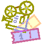 Six variations of a film projector icon with changing colors and background elements, each showing '1' on a ticket-like shape.
