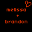 Pixelated orange text and symbols on black background, showing 'melissa' above '+' above 'brandon', with a heart symbol above 'melissa'.