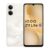 A static image shows a smartphone with a white back panel featuring two black camera lenses and a rectangular screen displaying a blurred abstract pattern of beige and brown tones.