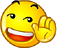 Yellow circular emoji with winking eye, open mouth showing teeth, and raised hand in waving gesture.