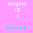 Pixelated pink background with white text 'Angela' above a heart and smiley face, plus cyan flower-like symbols at the bottom.