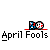 Animated contact sheet of 14 pixel-art frames showing two cartoon characters interacting with text bubbles and props during an April Fools joke sequence.