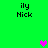 Green background with four 'ily Nick' text blocks and three heart icons in pink, gray, and purple.