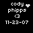Pixelated text displays 'cody' with a heart symbol, 'phipps', '<3', and date '11-23-07' on black background; animation shows heart turning into star-like dots.
