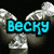 Pixelated text 'Becky' in cyan with black outline over silver trophy-like objects on dark background; adjacent show other names and patterns