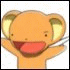 Animated orange cartoon character with large ears and red mouth, arms raised holding a white object against white background.