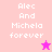 Pixelated text 'Alec And Michela forever' appears in white on pink and magenta backgrounds with a small star icon.